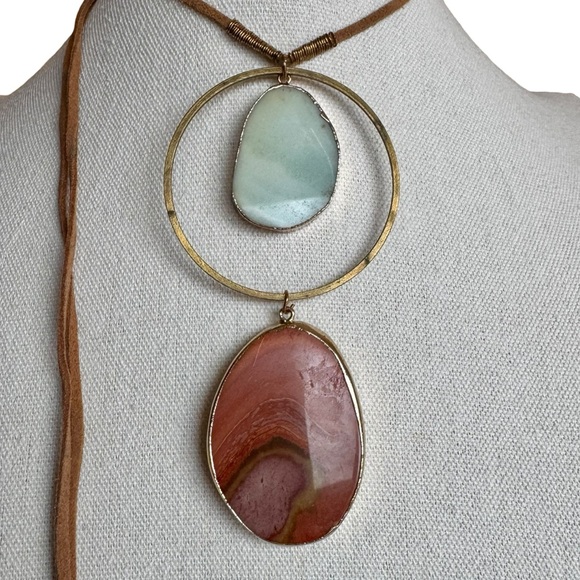 Serefina Long Pendant Statement Necklace Natural Stones and Gold-Tone Circle - Picture 2 of 11